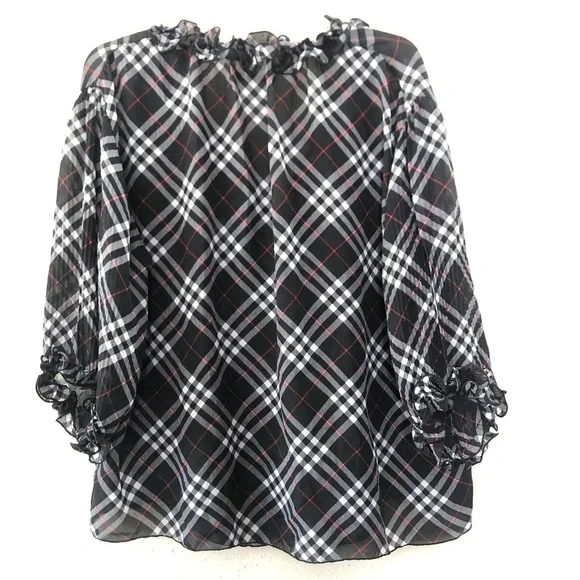 Signature by Larry Levine Black, Red & White Plaid - Ruffles at neckline Size L - Picture 2 of 10